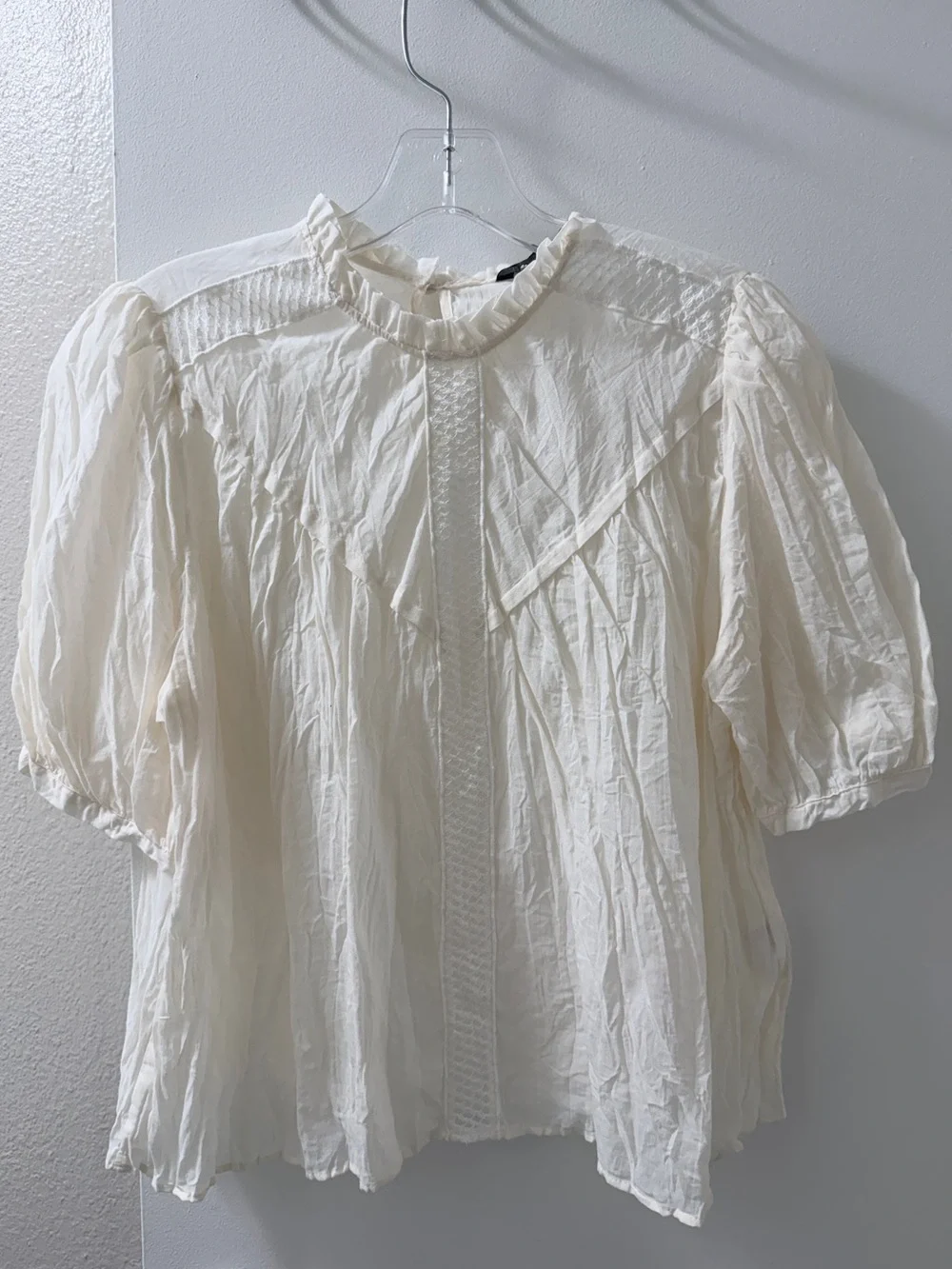 Zara Cream Ruffled High-Neck Puff Sleeve Blouse